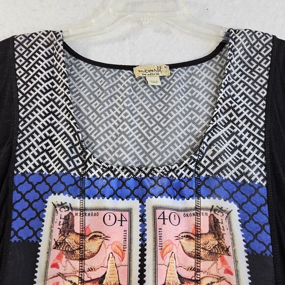 One World Blouse Womens Medium Black Yellow Dolman Short Cap Sleeve Boho Stretch - Picture 8 of 15